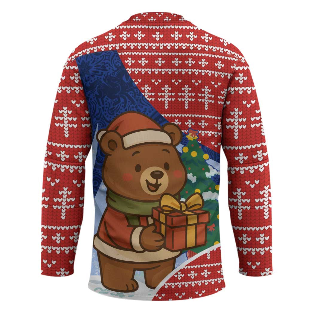 Russia Christmas Hockey Jersey with Santa Bear Gift Box Christmas Tree and Red Snowflake - Wonder Print Shop