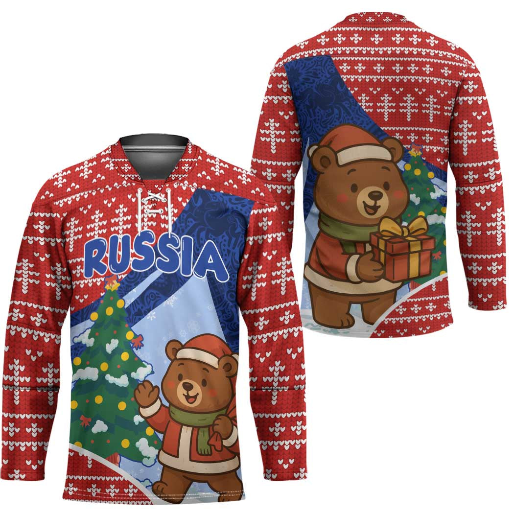 Russia Christmas Hockey Jersey with Santa Bear Gift Box Christmas Tree and Red Snowflake - Wonder Print Shop