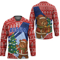 Russia Christmas Hockey Jersey with Santa Bear Gift Box Christmas Tree and Red Snowflake - Wonder Print Shop
