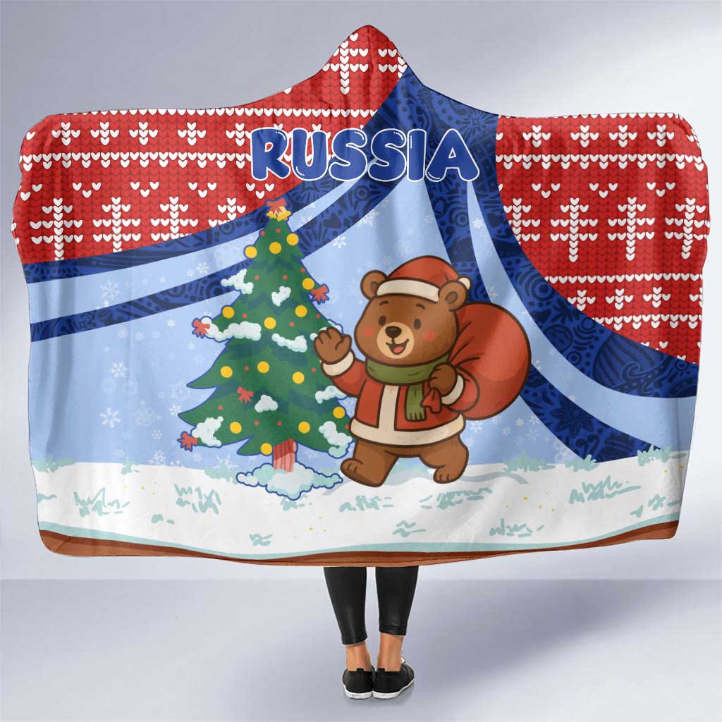 Russia Christmas Hooded Blanket with Santa Bear Gift Box Christmas Tree and Red Snowflake - Wonder Print Shop
