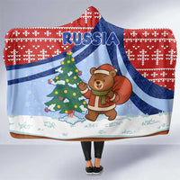 Russia Christmas Hooded Blanket with Santa Bear Gift Box Christmas Tree and Red Snowflake - Wonder Print Shop