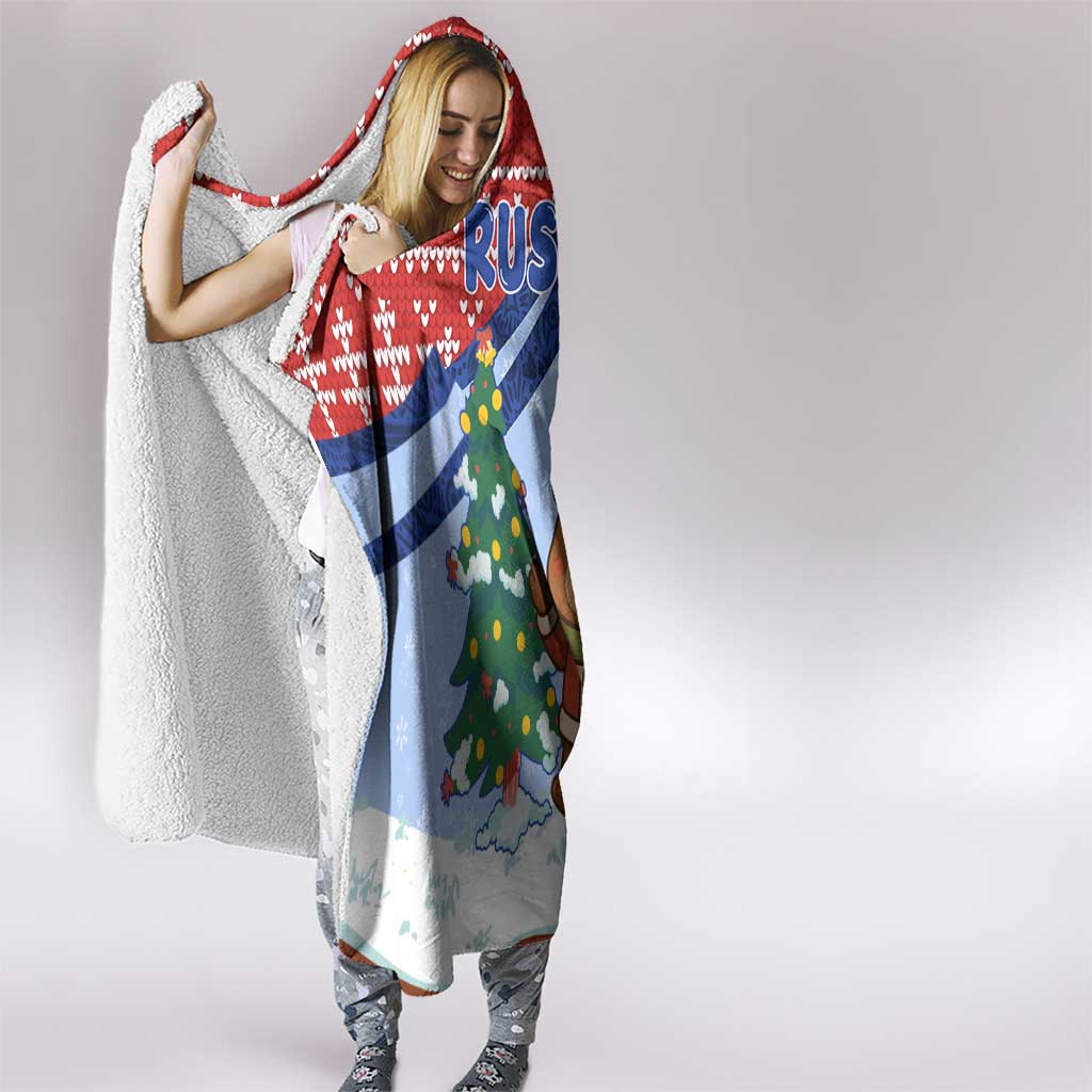 Russia Christmas Hooded Blanket with Santa Bear Gift Box Christmas Tree and Red Snowflake - Wonder Print Shop