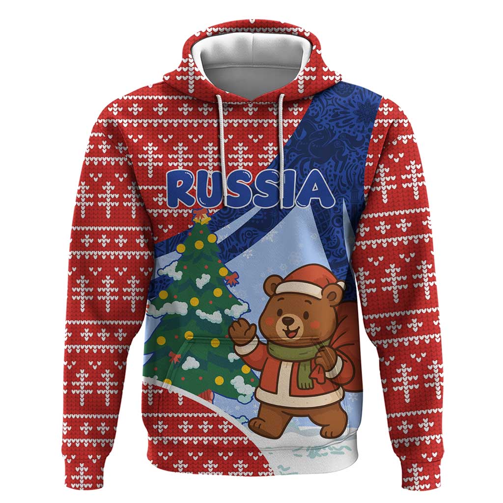 Russia Christmas Hoodie with Santa Bear Gift Box Christmas Tree and Red Snowflake - Wonder Print Shop