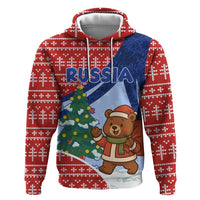 Russia Christmas Hoodie with Santa Bear Gift Box Christmas Tree and Red Snowflake - Wonder Print Shop
