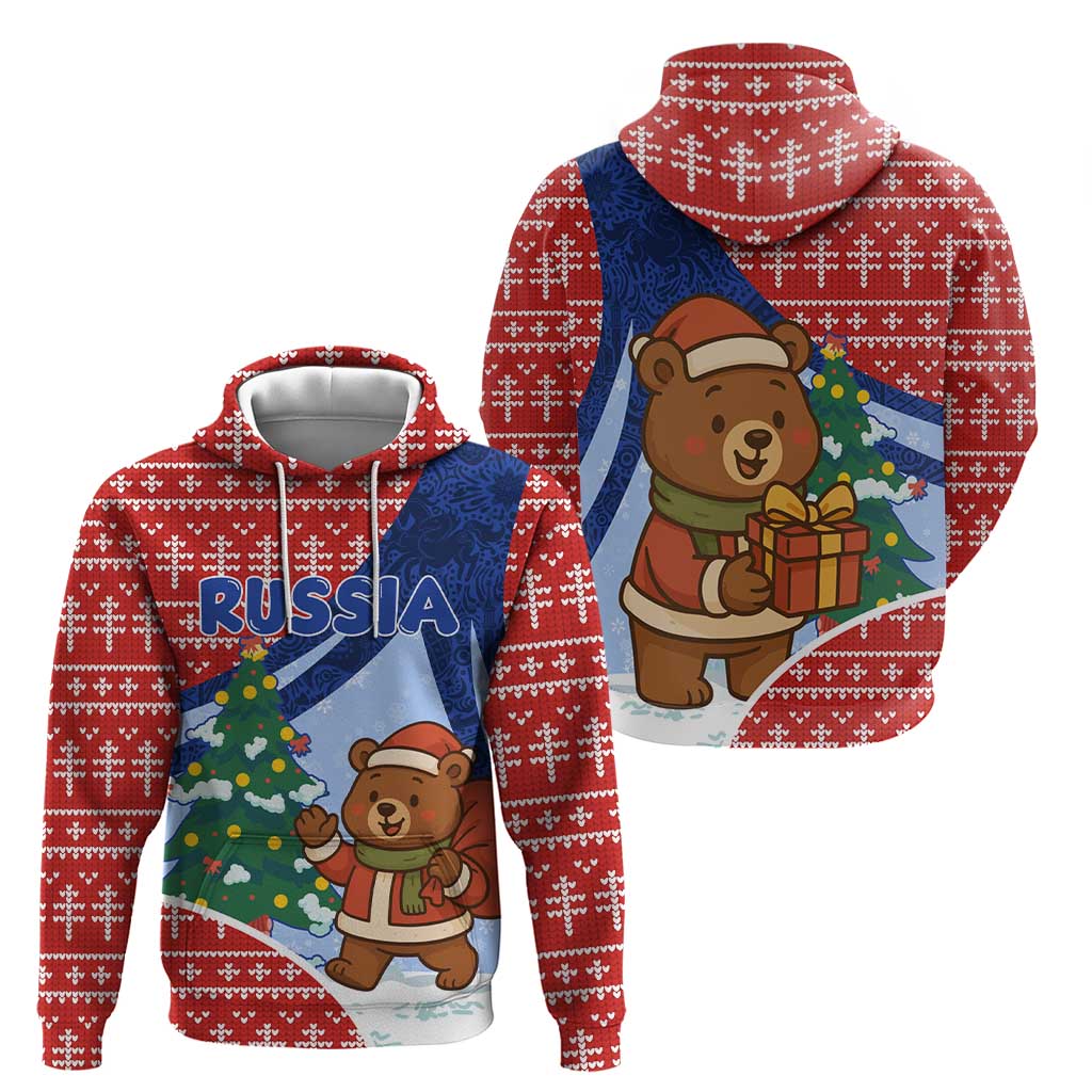 Russia Christmas Hoodie with Santa Bear Gift Box Christmas Tree and Red Snowflake - Wonder Print Shop