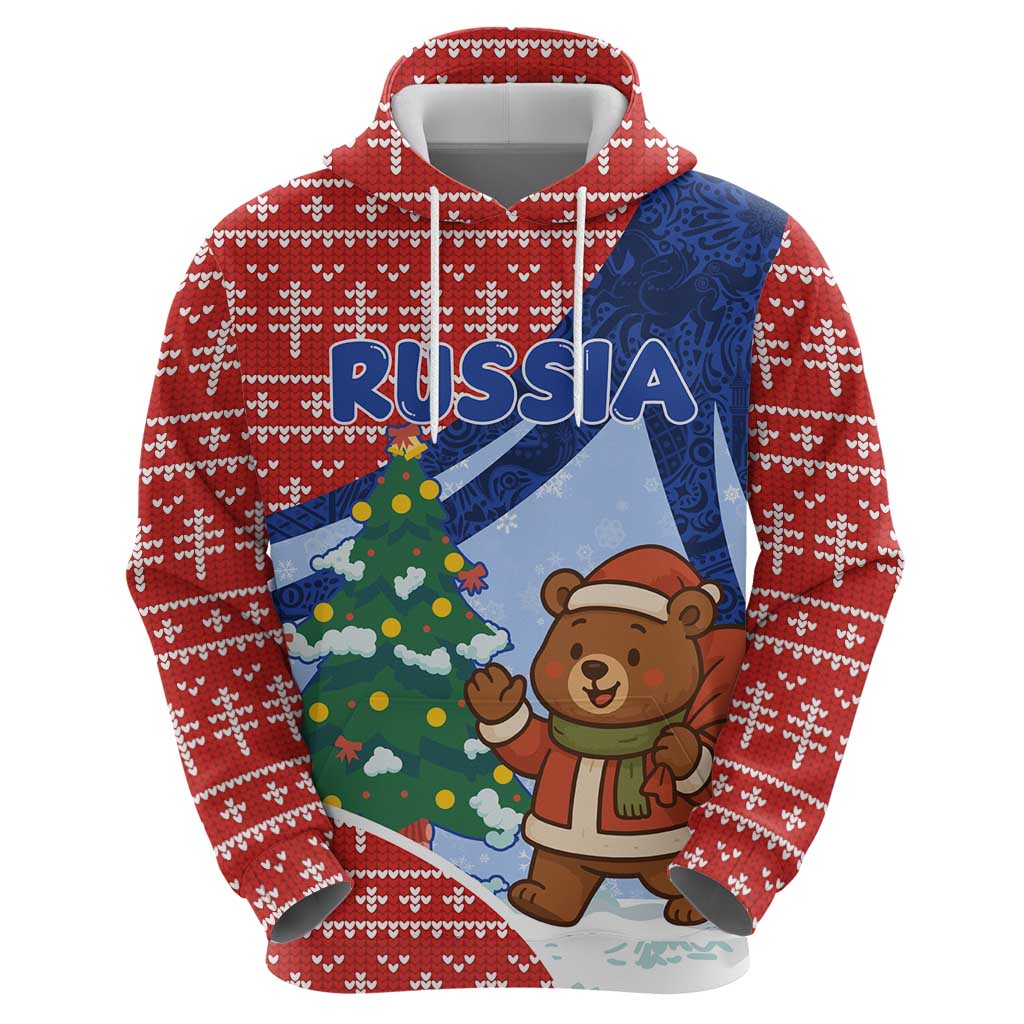 Russia Christmas Hoodie with Santa Bear Gift Box Christmas Tree and Red Snowflake - Wonder Print Shop