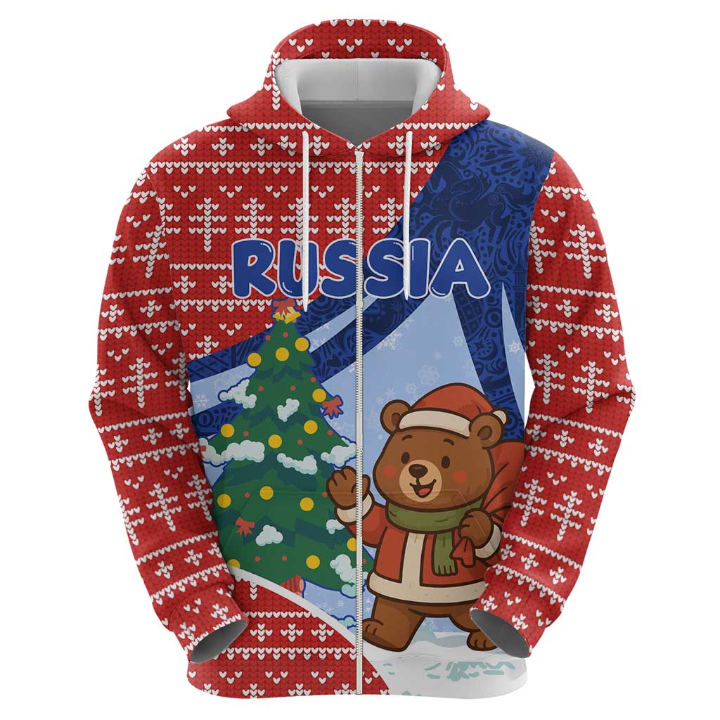 Russia Christmas Hoodie with Santa Bear Gift Box Christmas Tree and Red Snowflake - Wonder Print Shop
