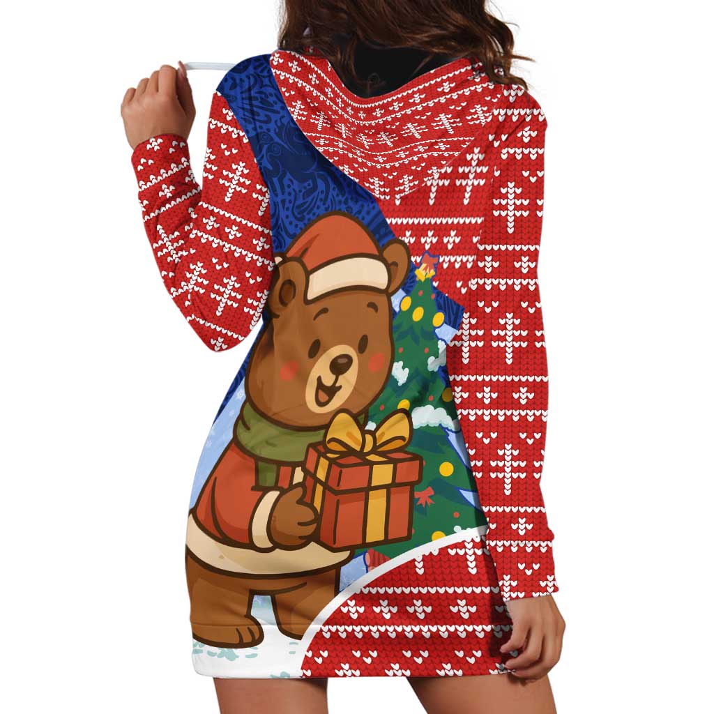 Russia Christmas Hoodie Dress with Santa Bear Gift Box Christmas Tree and Red Snowflake - Wonder Print Shop