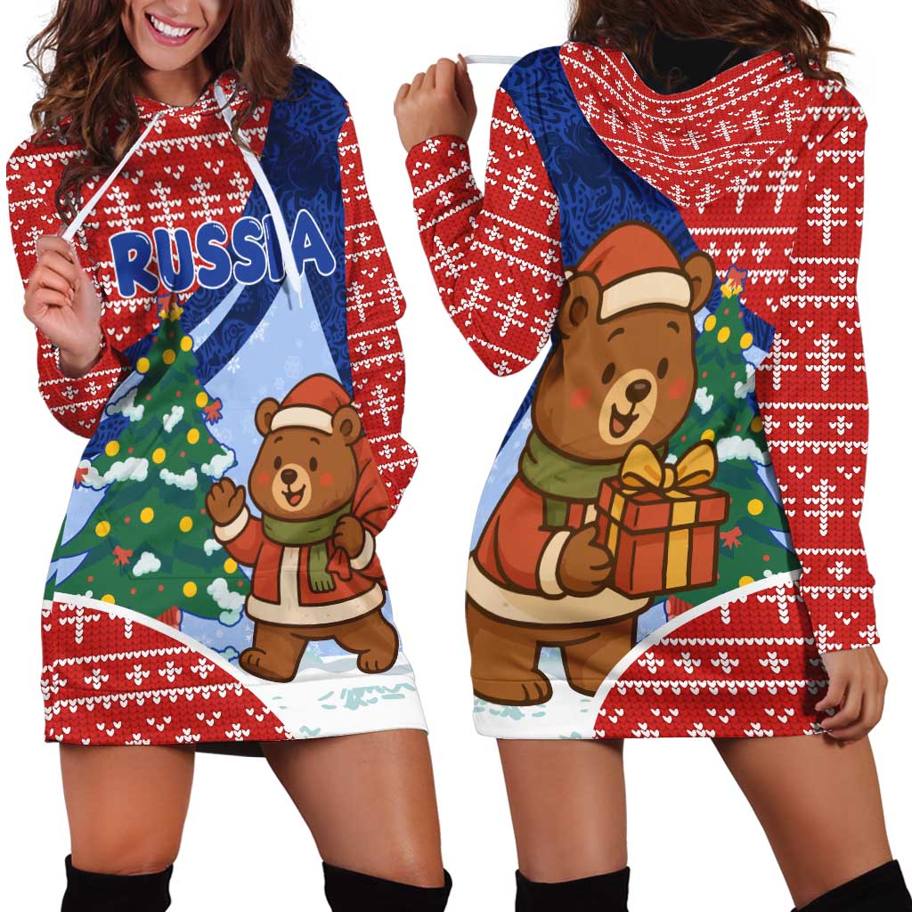 Russia Christmas Hoodie Dress with Santa Bear Gift Box Christmas Tree and Red Snowflake - Wonder Print Shop