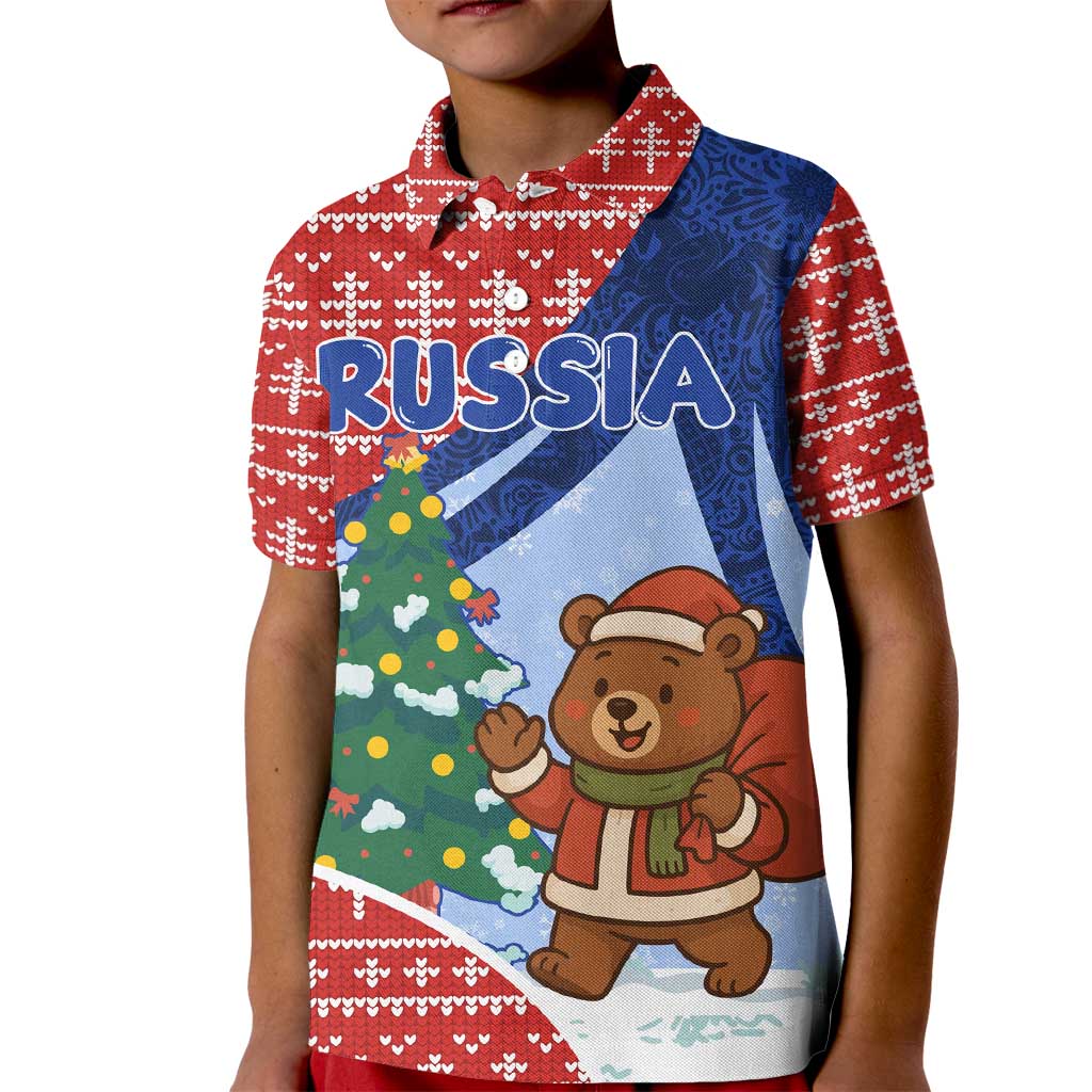 Russia Christmas Kid Polo Shirt with Santa Bear Gift Box Christmas Tree and Red Snowflake - Wonder Print Shop