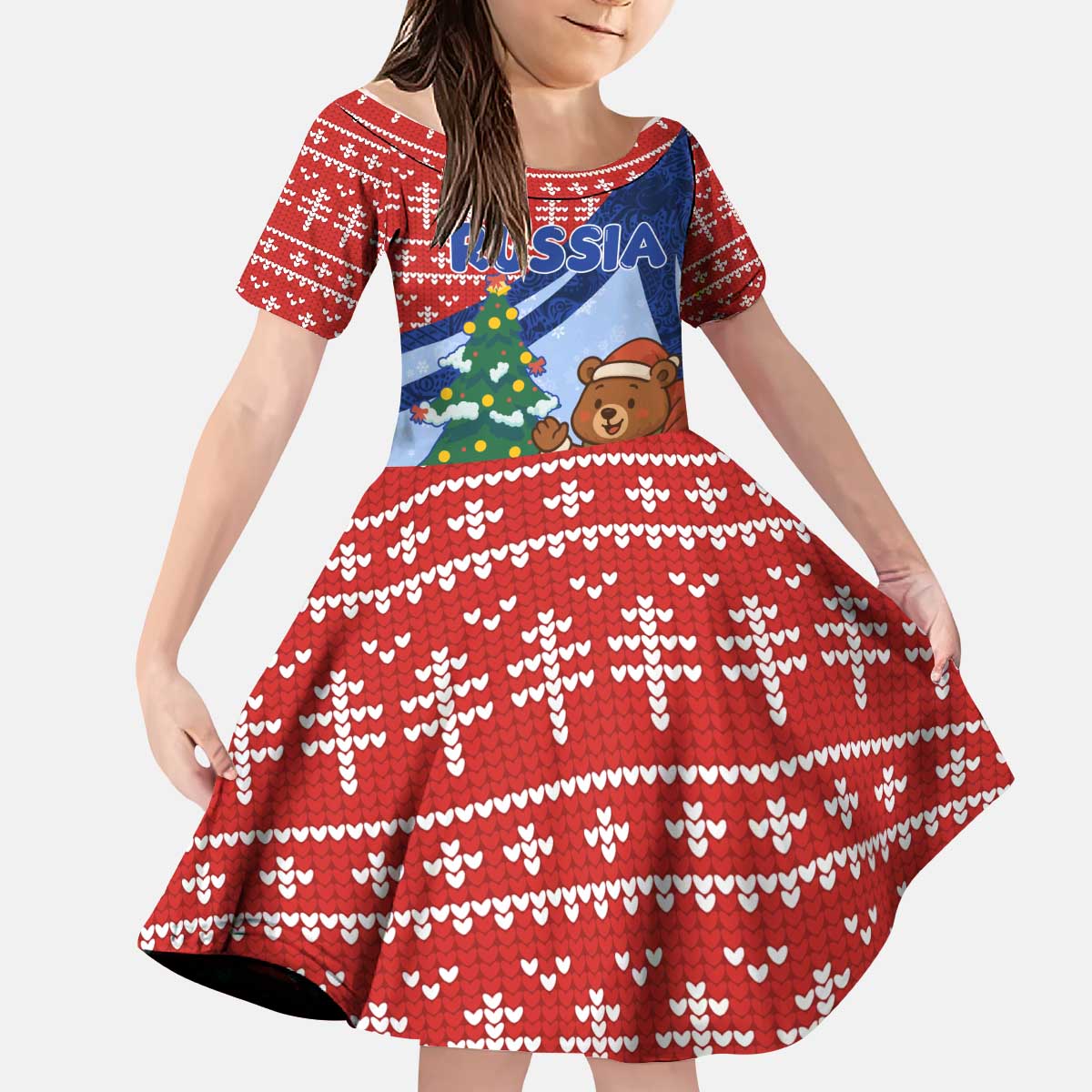 Russia Christmas Kid Short Sleeve Dress with Santa Bear Gift Box Christmas Tree and Red Snowflake - Wonder Print Shop