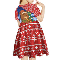 Russia Christmas Kid Short Sleeve Dress with Santa Bear Gift Box Christmas Tree and Red Snowflake - Wonder Print Shop