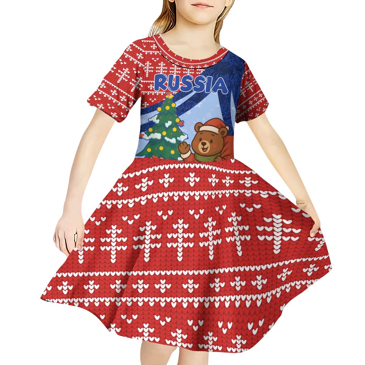 Russia Christmas Kid Short Sleeve Dress with Santa Bear Gift Box Christmas Tree and Red Snowflake - Wonder Print Shop