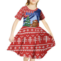 Russia Christmas Kid Short Sleeve Dress with Santa Bear Gift Box Christmas Tree and Red Snowflake - Wonder Print Shop