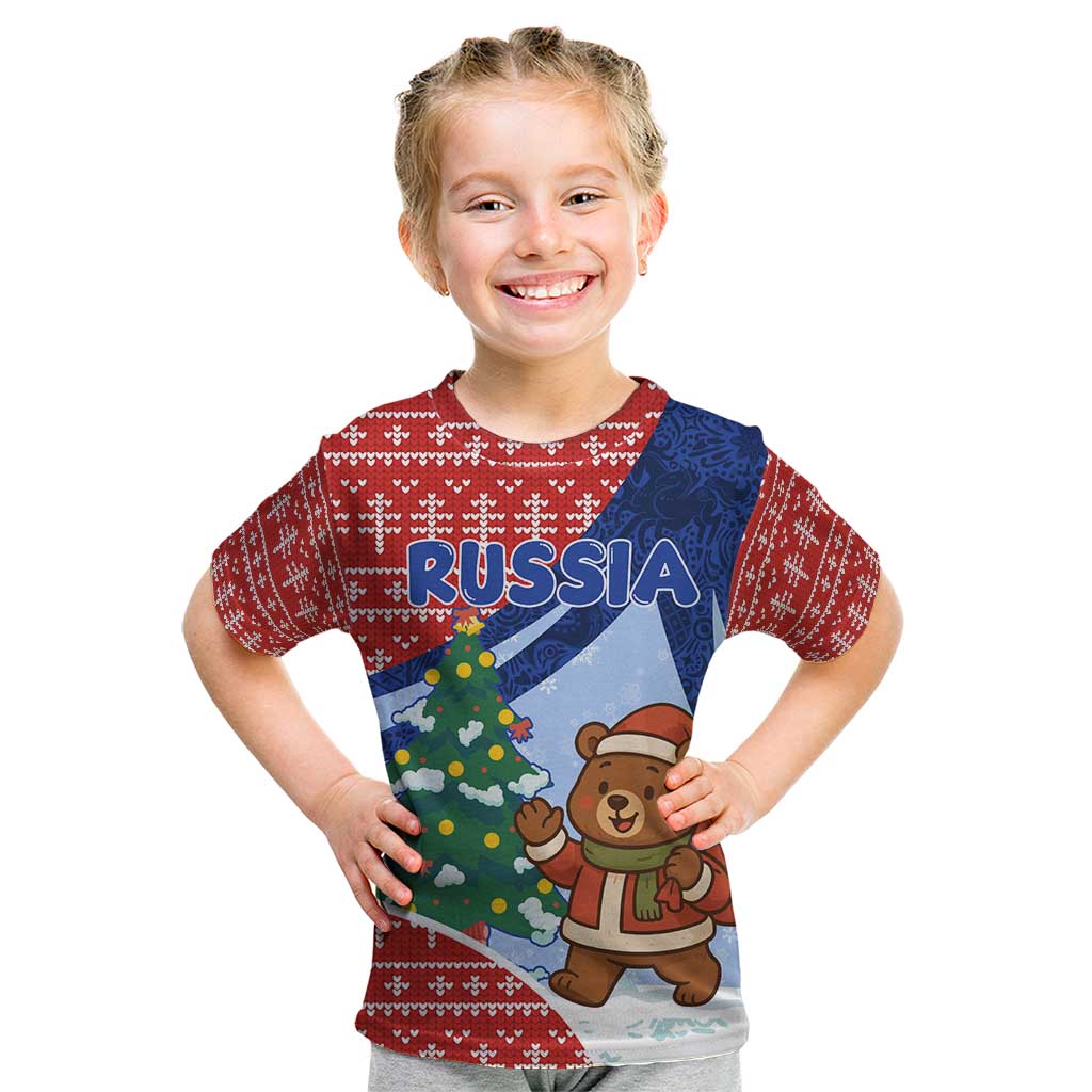 Russia Christmas Kid T Shirt with Santa Bear Gift Box Christmas Tree and Red Snowflake - Wonder Print Shop