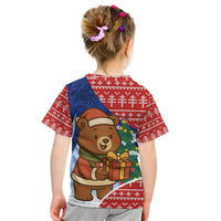 Russia Christmas Kid T Shirt with Santa Bear Gift Box Christmas Tree and Red Snowflake - Wonder Print Shop