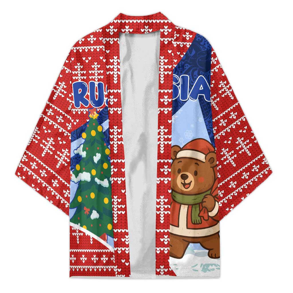 Russia Christmas Kimono with Santa Bear Gift Box Christmas Tree and Red Snowflake - Wonder Print Shop