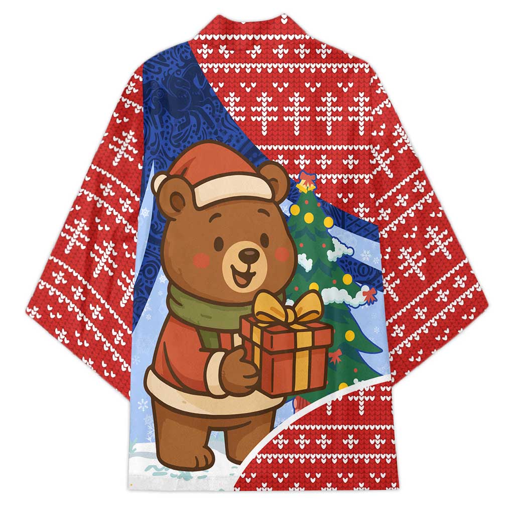 Russia Christmas Kimono with Santa Bear Gift Box Christmas Tree and Red Snowflake - Wonder Print Shop