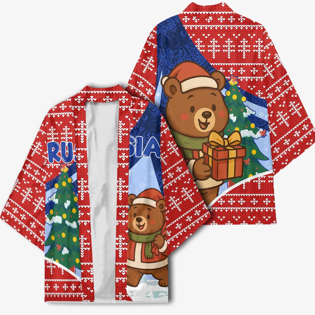 Russia Christmas Kimono with Santa Bear Gift Box Christmas Tree and Red Snowflake - Wonder Print Shop