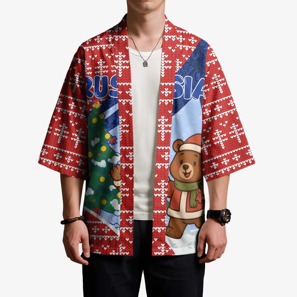 Russia Christmas Kimono with Santa Bear Gift Box Christmas Tree and Red Snowflake - Wonder Print Shop