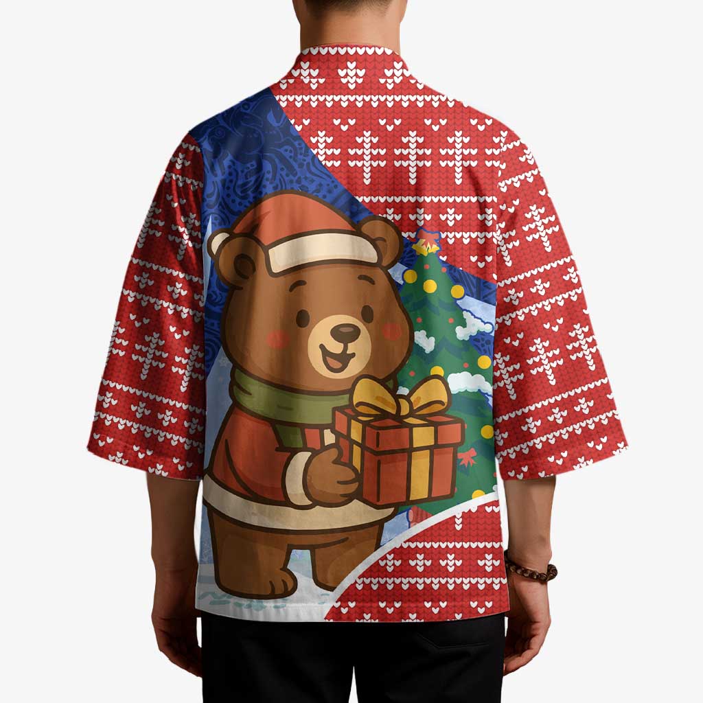 Russia Christmas Kimono with Santa Bear Gift Box Christmas Tree and Red Snowflake - Wonder Print Shop