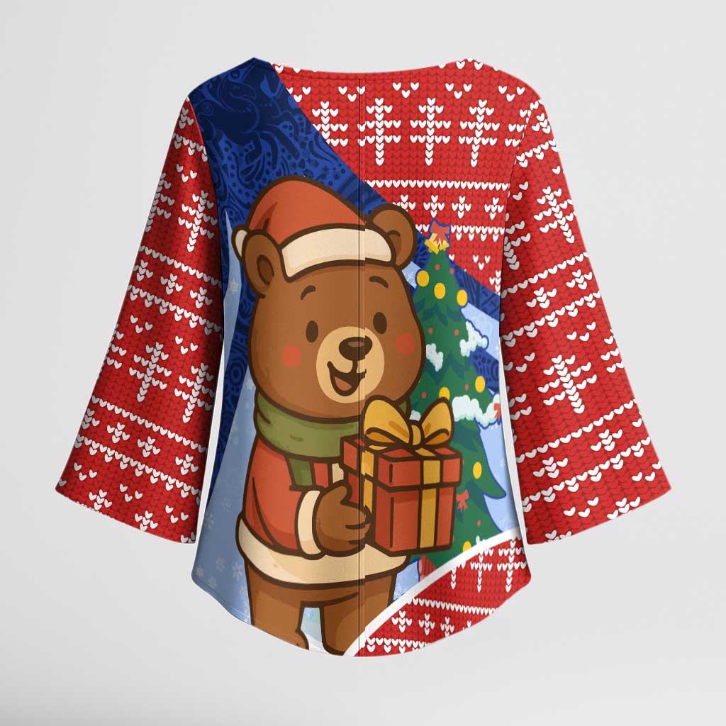Russia Christmas Kimono Sleeve Blouse with Santa Bear Gift Box Christmas Tree and Red Snowflake - Wonder Print Shop