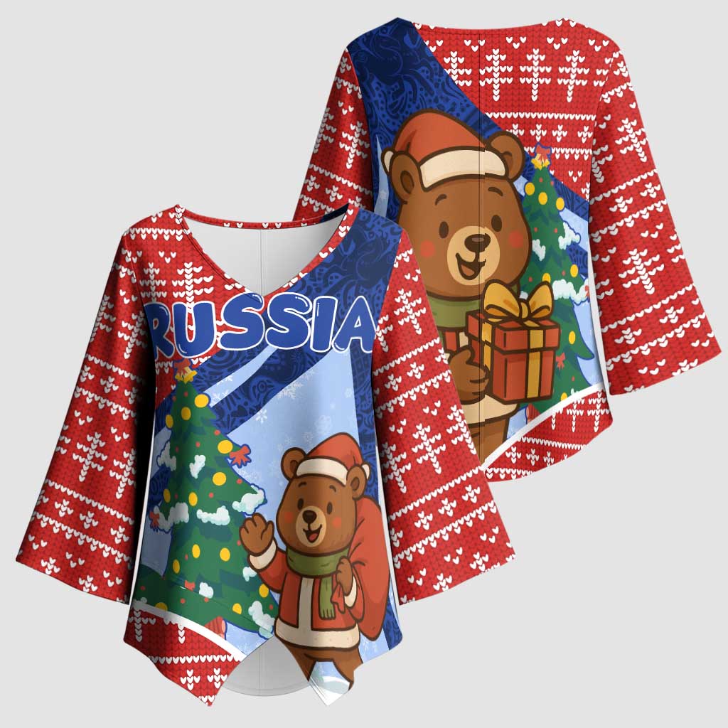 Russia Christmas Kimono Sleeve Blouse with Santa Bear Gift Box Christmas Tree and Red Snowflake - Wonder Print Shop