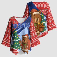 Russia Christmas Kimono Sleeve Blouse with Santa Bear Gift Box Christmas Tree and Red Snowflake - Wonder Print Shop
