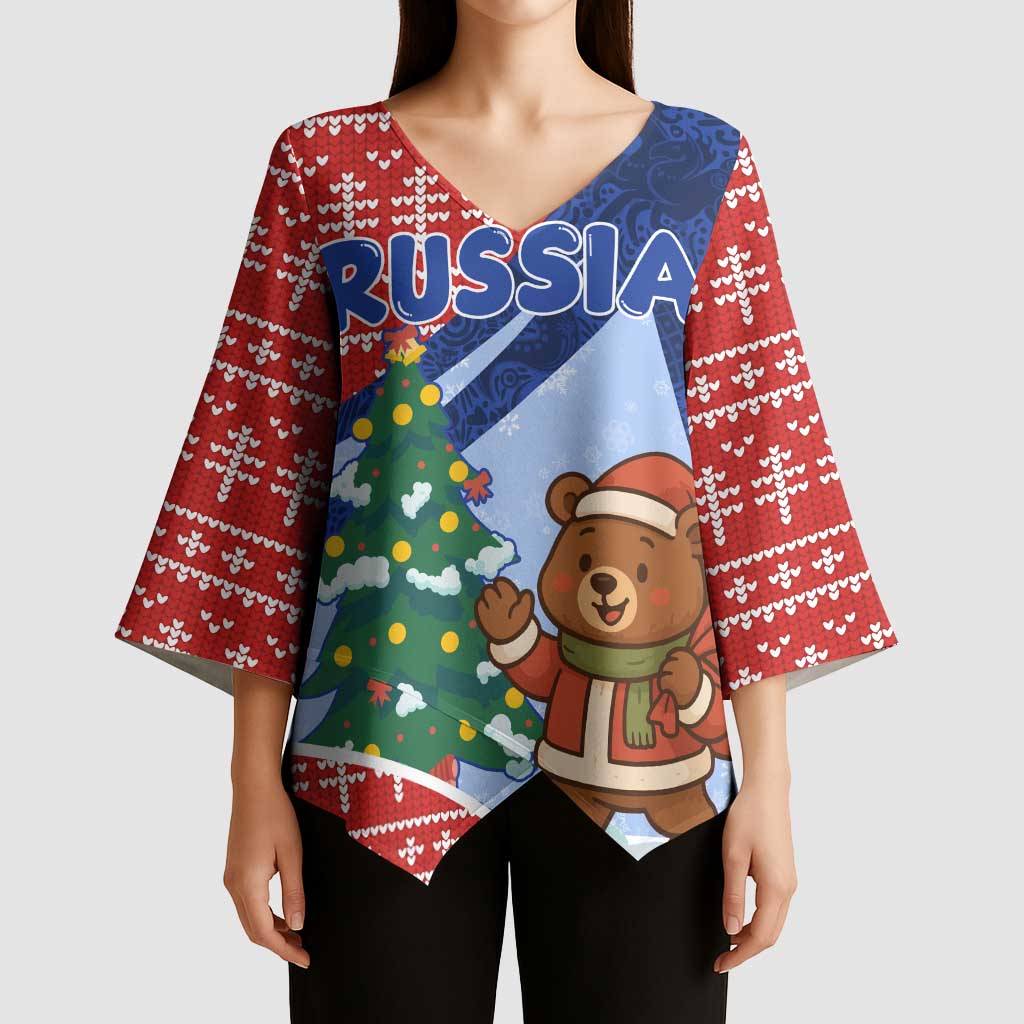 Russia Christmas Kimono Sleeve Blouse with Santa Bear Gift Box Christmas Tree and Red Snowflake - Wonder Print Shop