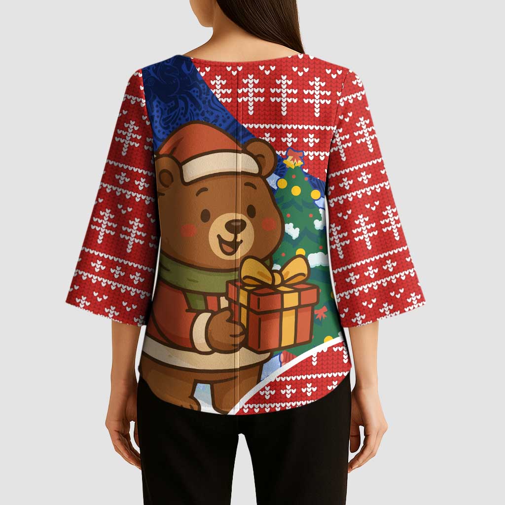 Russia Christmas Kimono Sleeve Blouse with Santa Bear Gift Box Christmas Tree and Red Snowflake - Wonder Print Shop