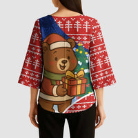 Russia Christmas Kimono Sleeve Blouse with Santa Bear Gift Box Christmas Tree and Red Snowflake - Wonder Print Shop