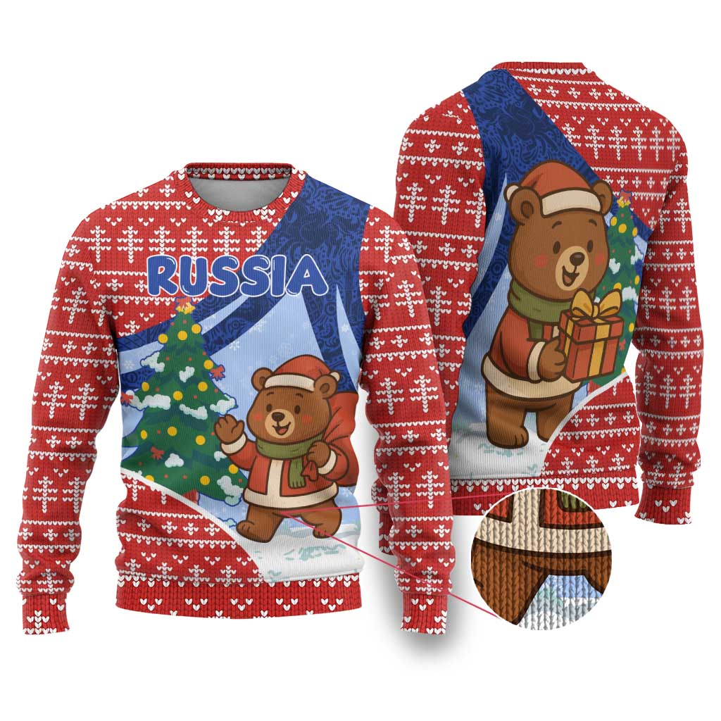 Russia Christmas Ugly Christmas Sweater with Santa Bear Gift Box Christmas Tree and Red Snowflake - Wonder Print Shop