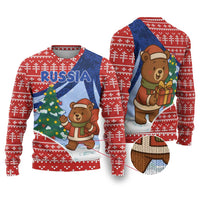 Russia Christmas Ugly Christmas Sweater with Santa Bear Gift Box Christmas Tree and Red Snowflake - Wonder Print Shop