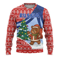 Russia Christmas Ugly Christmas Sweater with Santa Bear Gift Box Christmas Tree and Red Snowflake - Wonder Print Shop