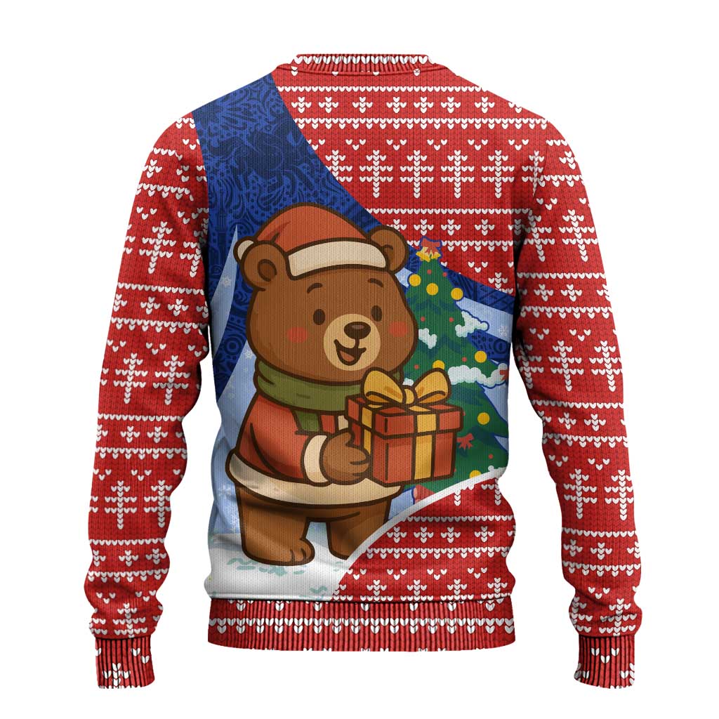 Russia Christmas Ugly Christmas Sweater with Santa Bear Gift Box Christmas Tree and Red Snowflake - Wonder Print Shop