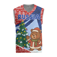 Russia Christmas Knitted V-Neck Vest with Santa Bear Gift Box Christmas Tree and Red Snowflake - Wonder Print Shop