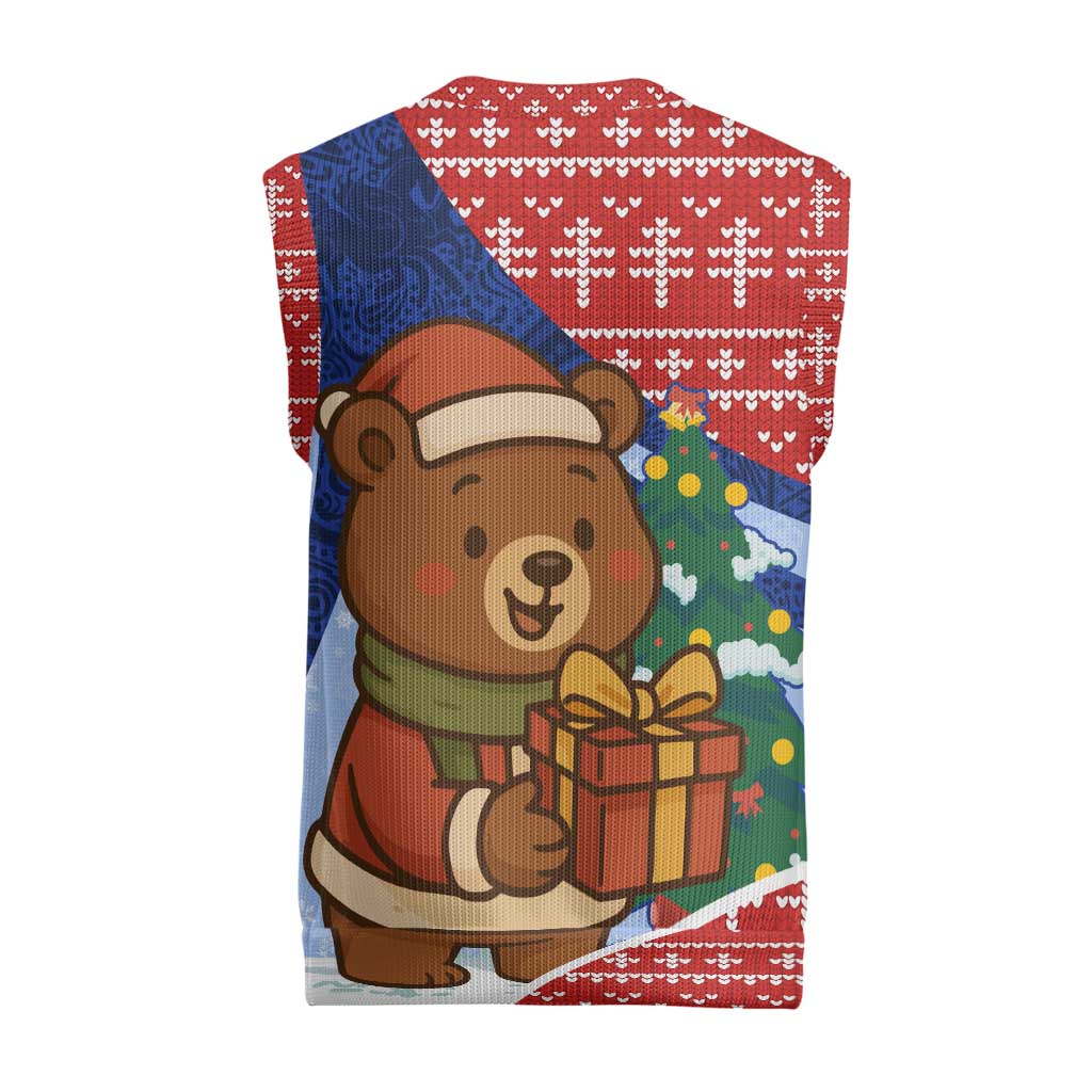 Russia Christmas Knitted V-Neck Vest with Santa Bear Gift Box Christmas Tree and Red Snowflake - Wonder Print Shop