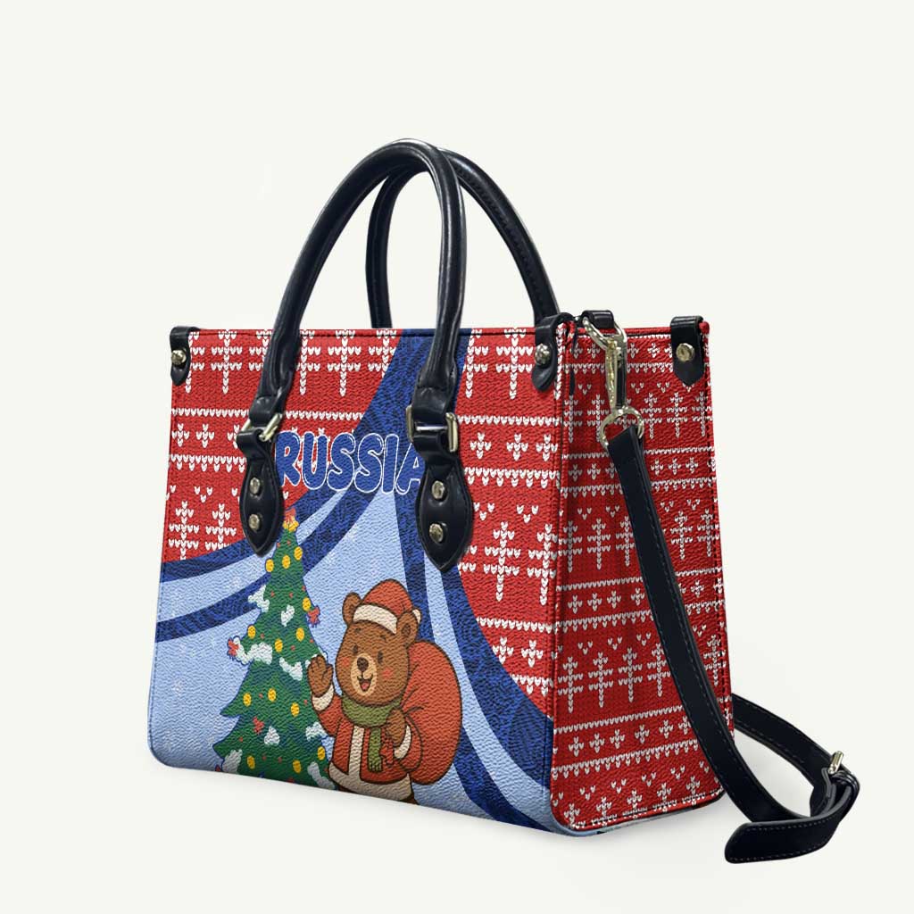 Russia Christmas Leather Bag with Santa Bear Gift Box Christmas Tree and Red Snowflake - Wonder Print Shop