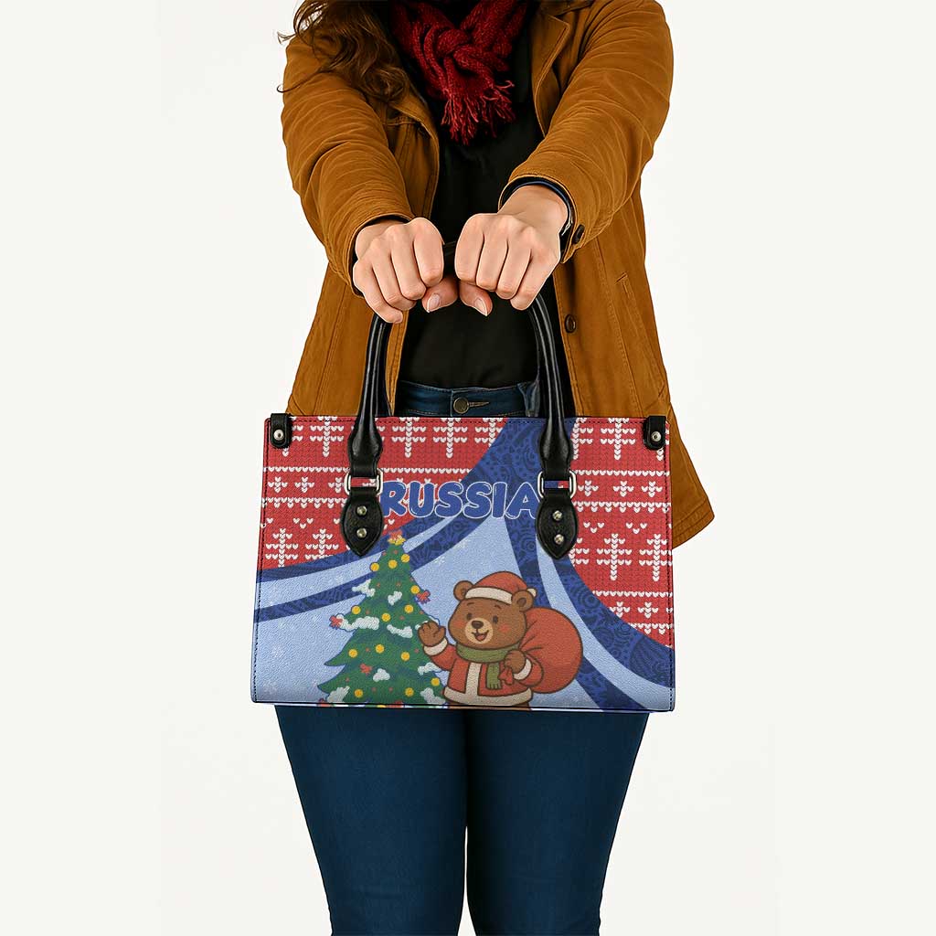 Russia Christmas Leather Bag with Santa Bear Gift Box Christmas Tree and Red Snowflake - Wonder Print Shop