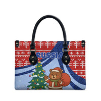 Russia Christmas Leather Bag with Santa Bear Gift Box Christmas Tree and Red Snowflake - Wonder Print Shop