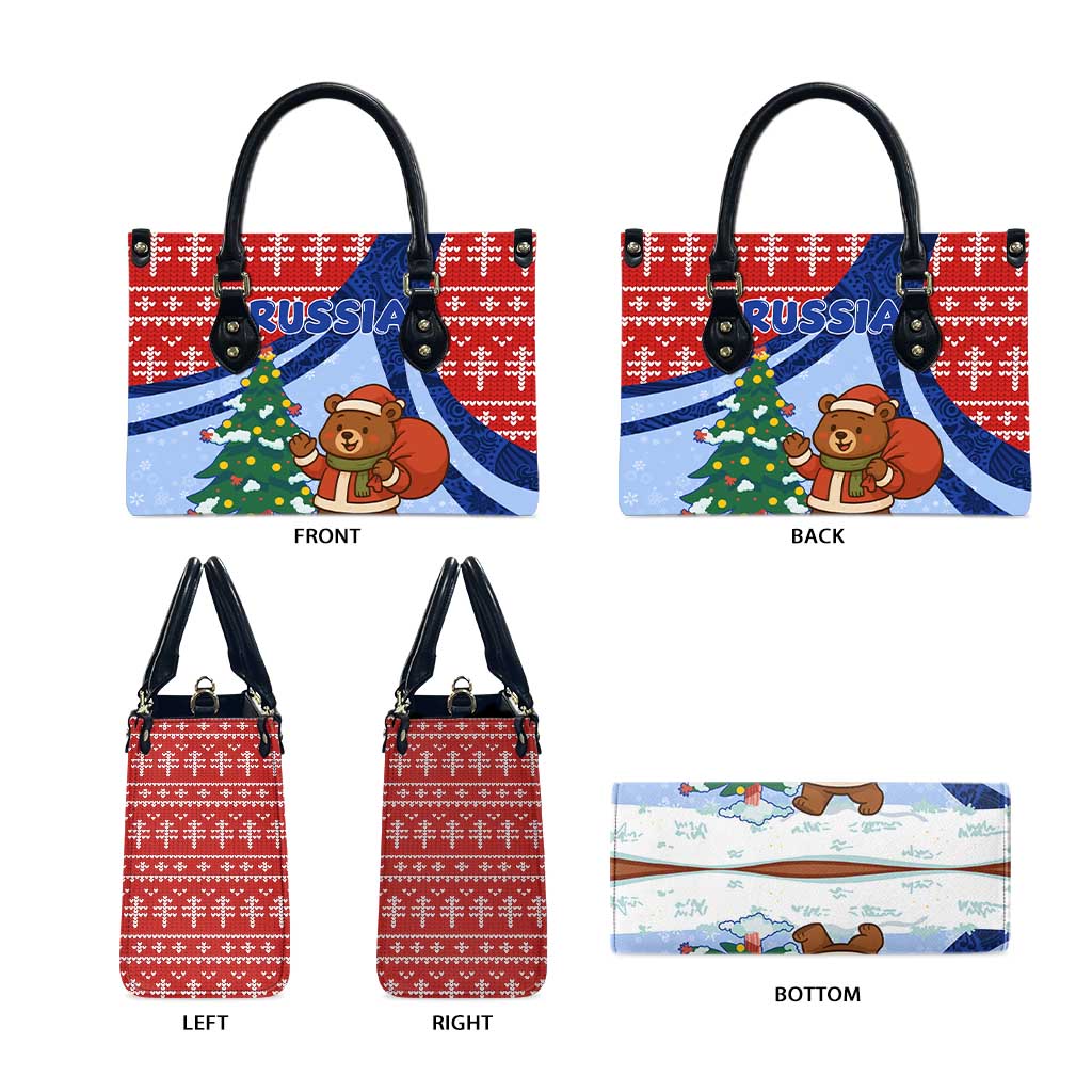 Russia Christmas Leather Bag with Santa Bear Gift Box Christmas Tree and Red Snowflake - Wonder Print Shop
