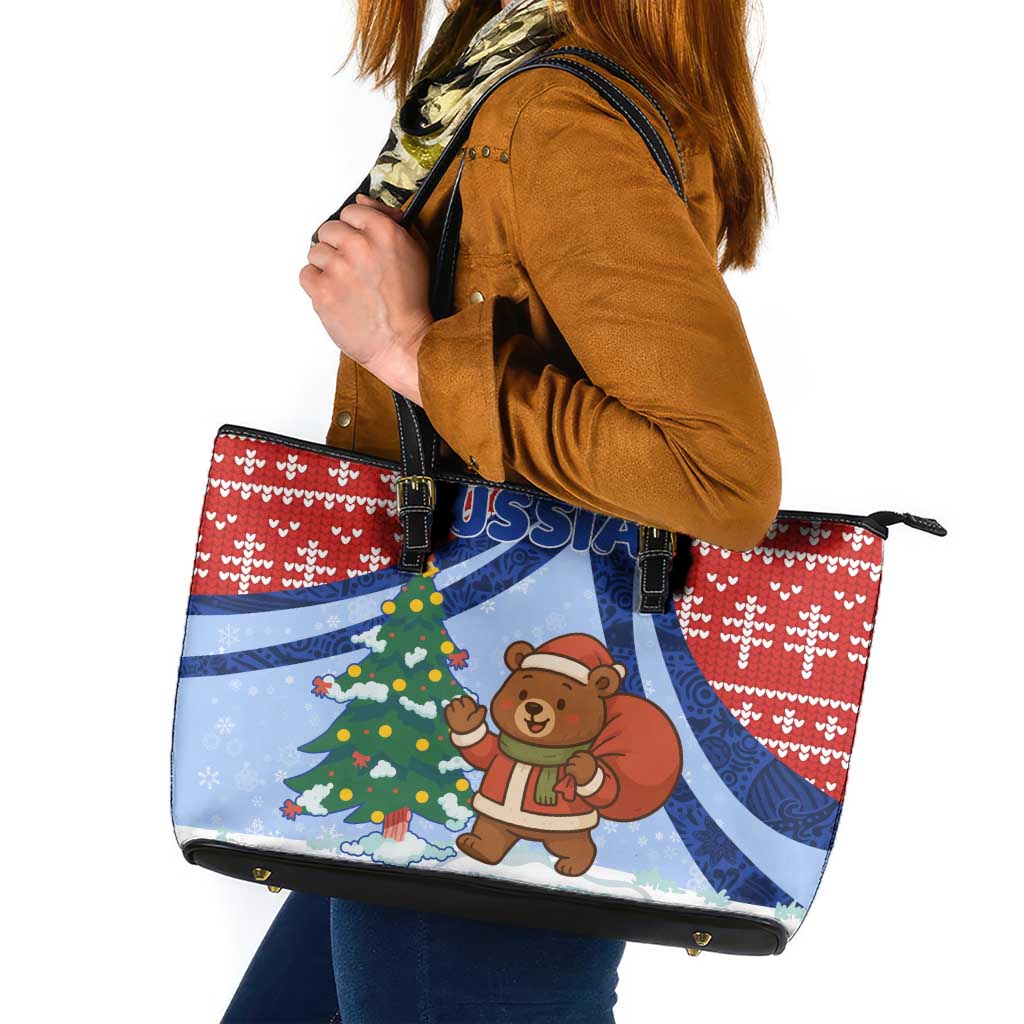 Russia Christmas Leather Tote Bag with Santa Bear Gift Box Christmas Tree and Red Snowflake - Wonder Print Shop