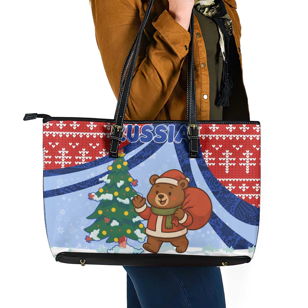 Russia Christmas Leather Tote Bag with Santa Bear Gift Box Christmas Tree and Red Snowflake - Wonder Print Shop
