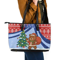 Russia Christmas Leather Tote Bag with Santa Bear Gift Box Christmas Tree and Red Snowflake - Wonder Print Shop