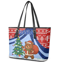 Russia Christmas Leather Tote Bag with Santa Bear Gift Box Christmas Tree and Red Snowflake - Wonder Print Shop