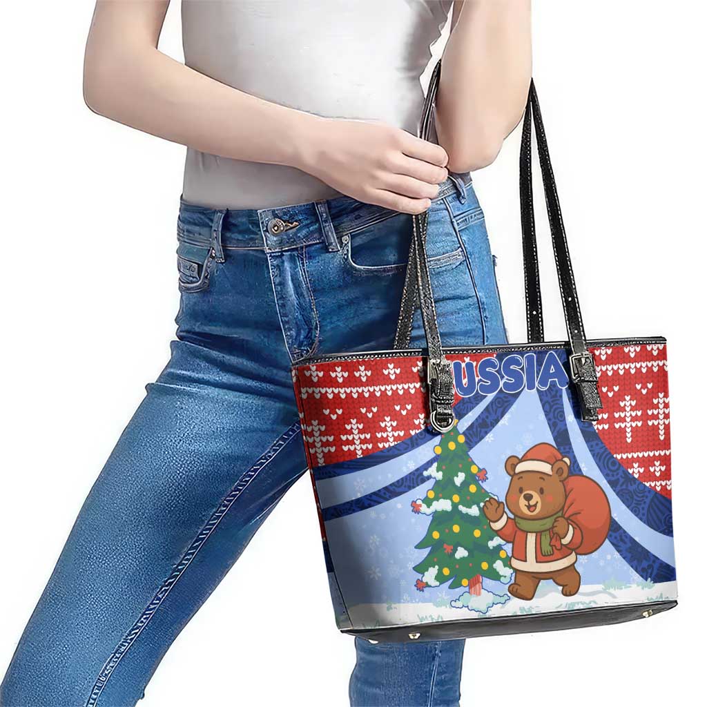 Russia Christmas Leather Tote Bag with Santa Bear Gift Box Christmas Tree and Red Snowflake - Wonder Print Shop