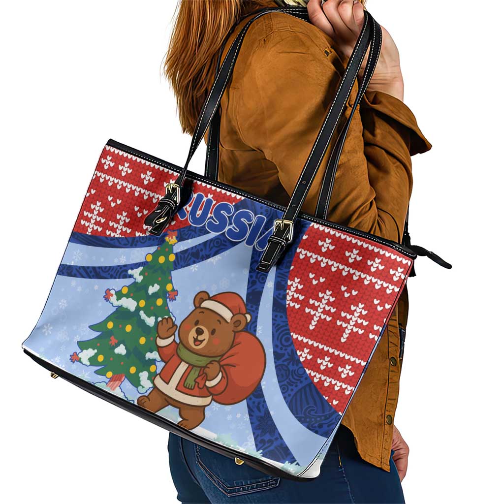 Russia Christmas Leather Tote Bag with Santa Bear Gift Box Christmas Tree and Red Snowflake - Wonder Print Shop
