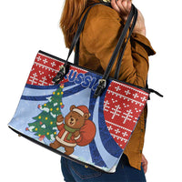 Russia Christmas Leather Tote Bag with Santa Bear Gift Box Christmas Tree and Red Snowflake - Wonder Print Shop