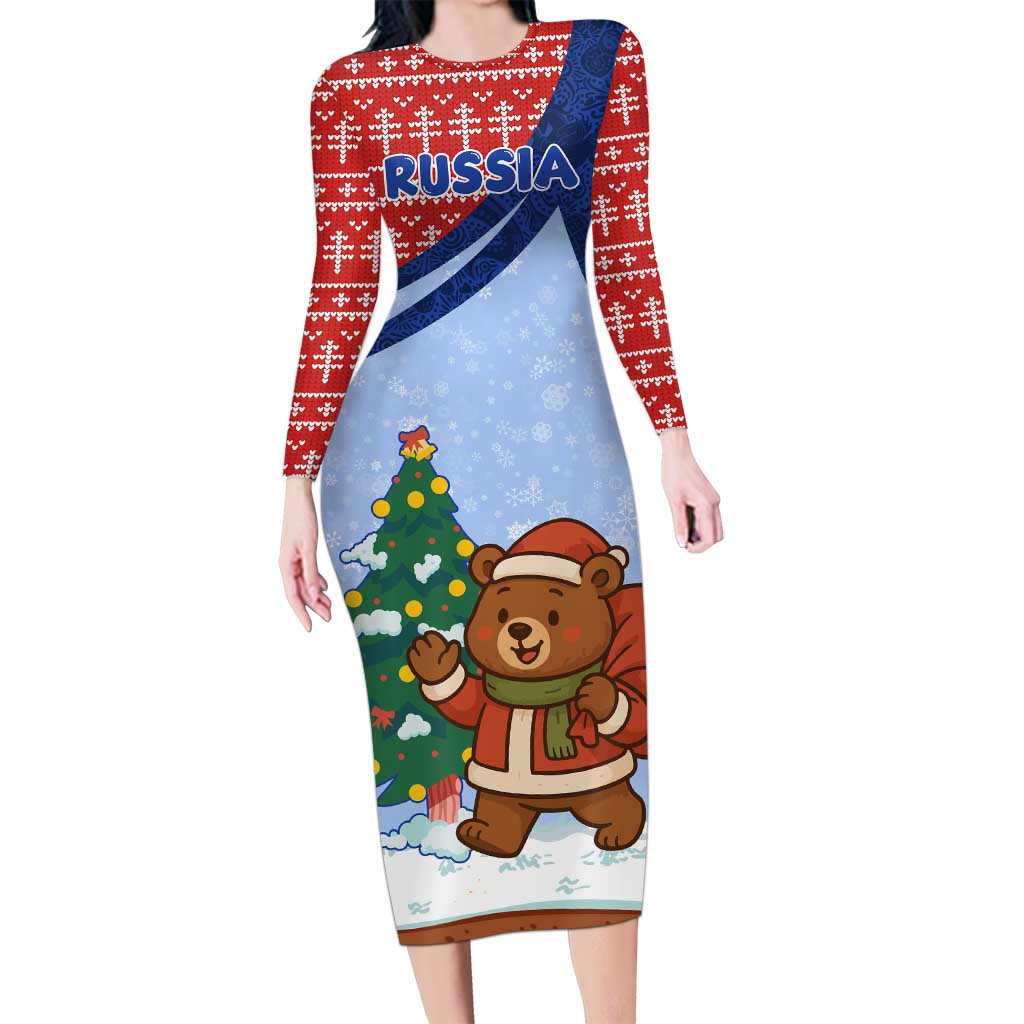 Russia Christmas Long Sleeve Bodycon Dress with Santa Bear Gift Box Christmas Tree and Red Snowflake - Wonder Print Shop