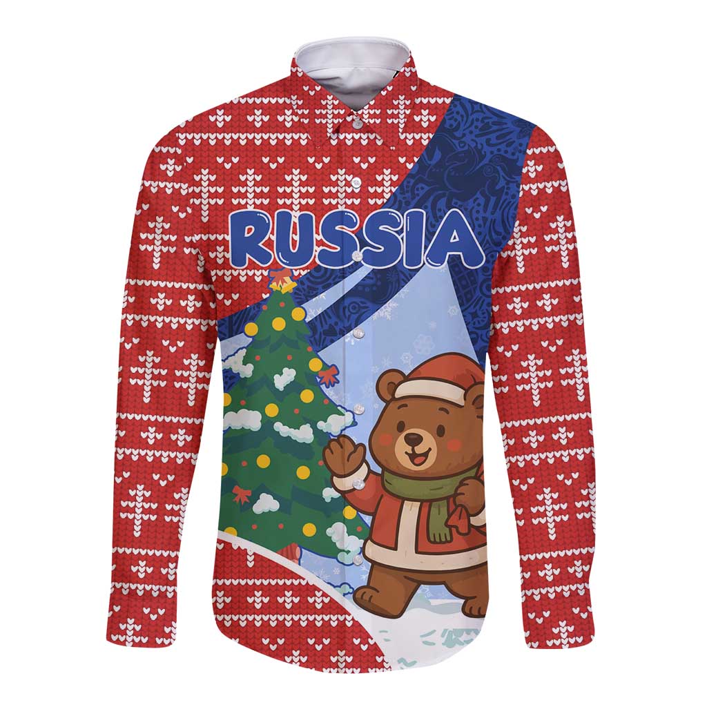 Russia Christmas Long Sleeve Button Shirt with Santa Bear Gift Box Christmas Tree and Red Snowflake - Wonder Print Shop